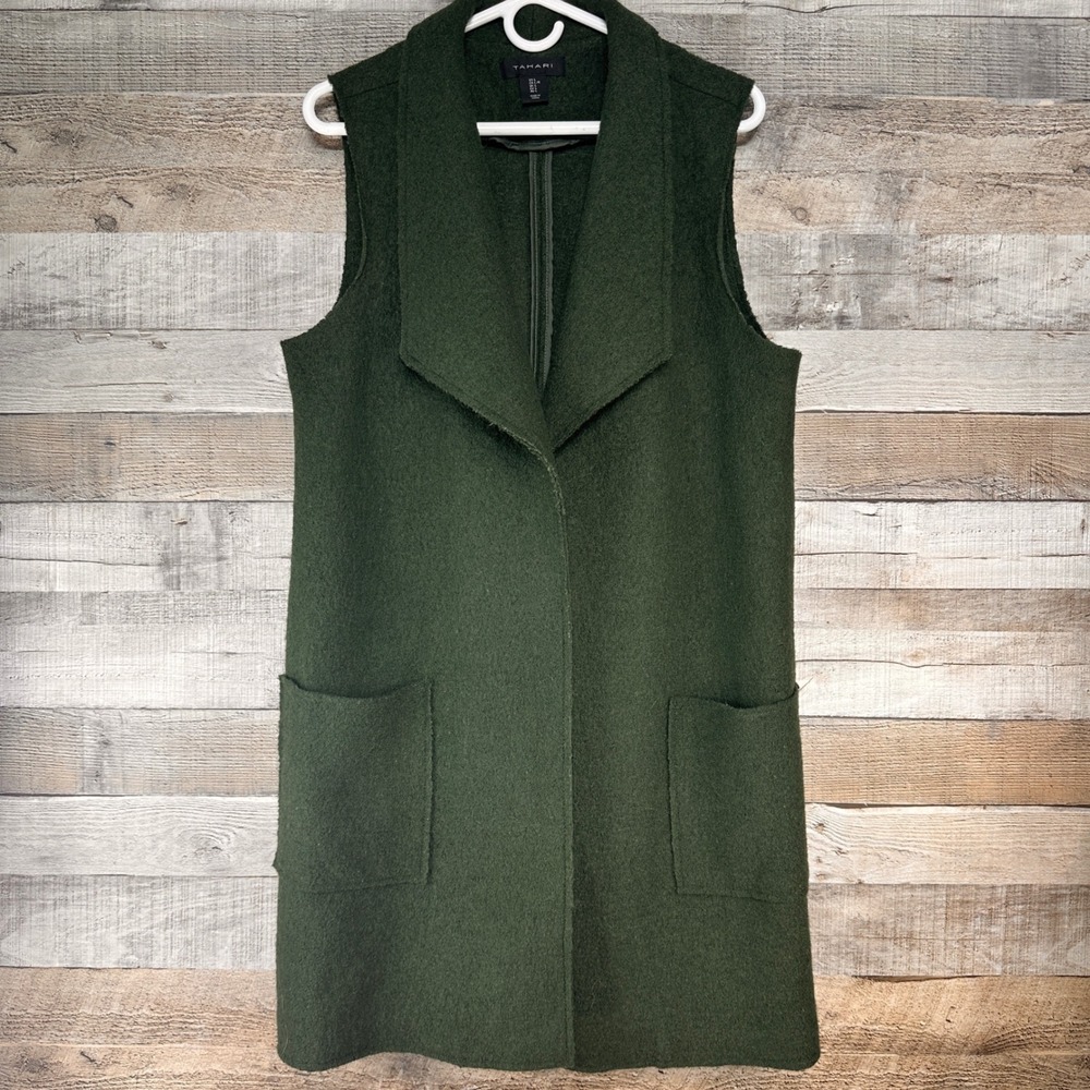 Tahari Womens Forest Green Boiled Wool Blend Longline Open Front Duster Vest L
